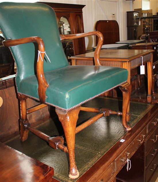 Queen Anne style walnut open armchair, green hide-covered & a mahogany occasional table